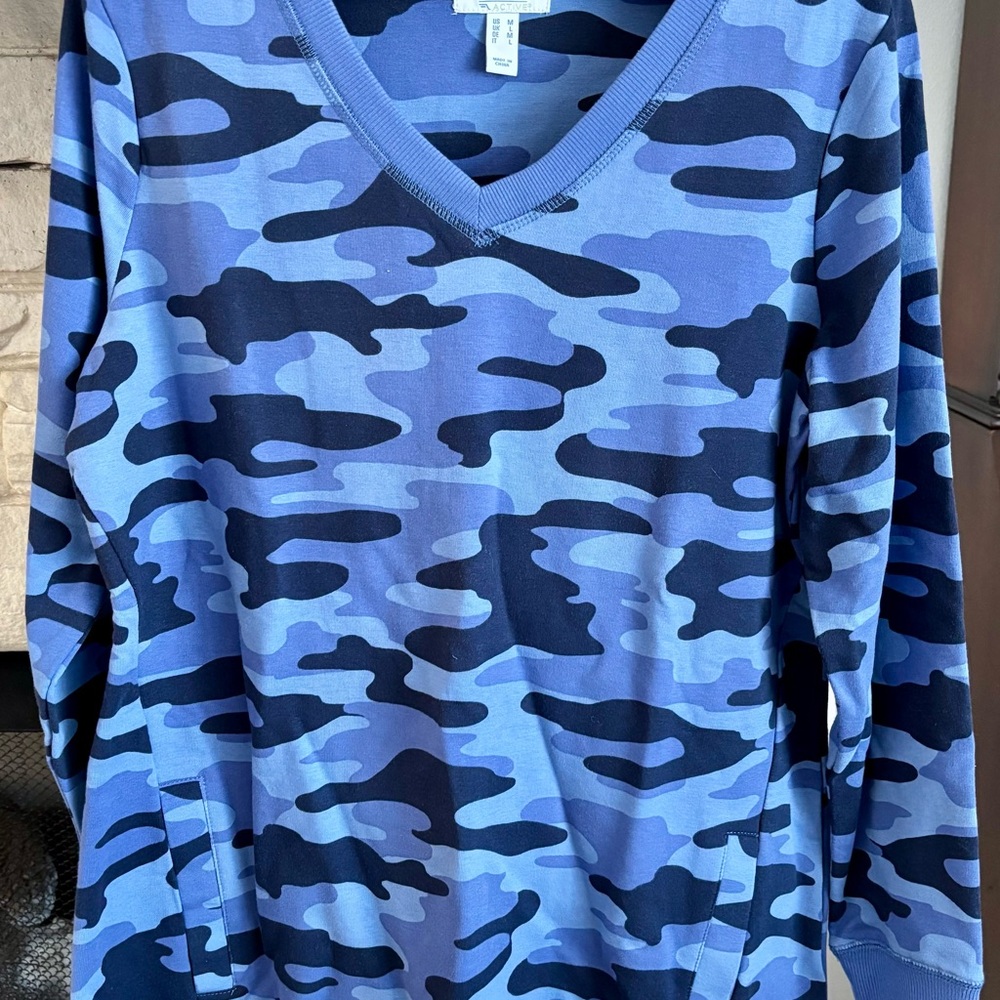 Denim & Co Blue Camouflage V-Neck Tunic